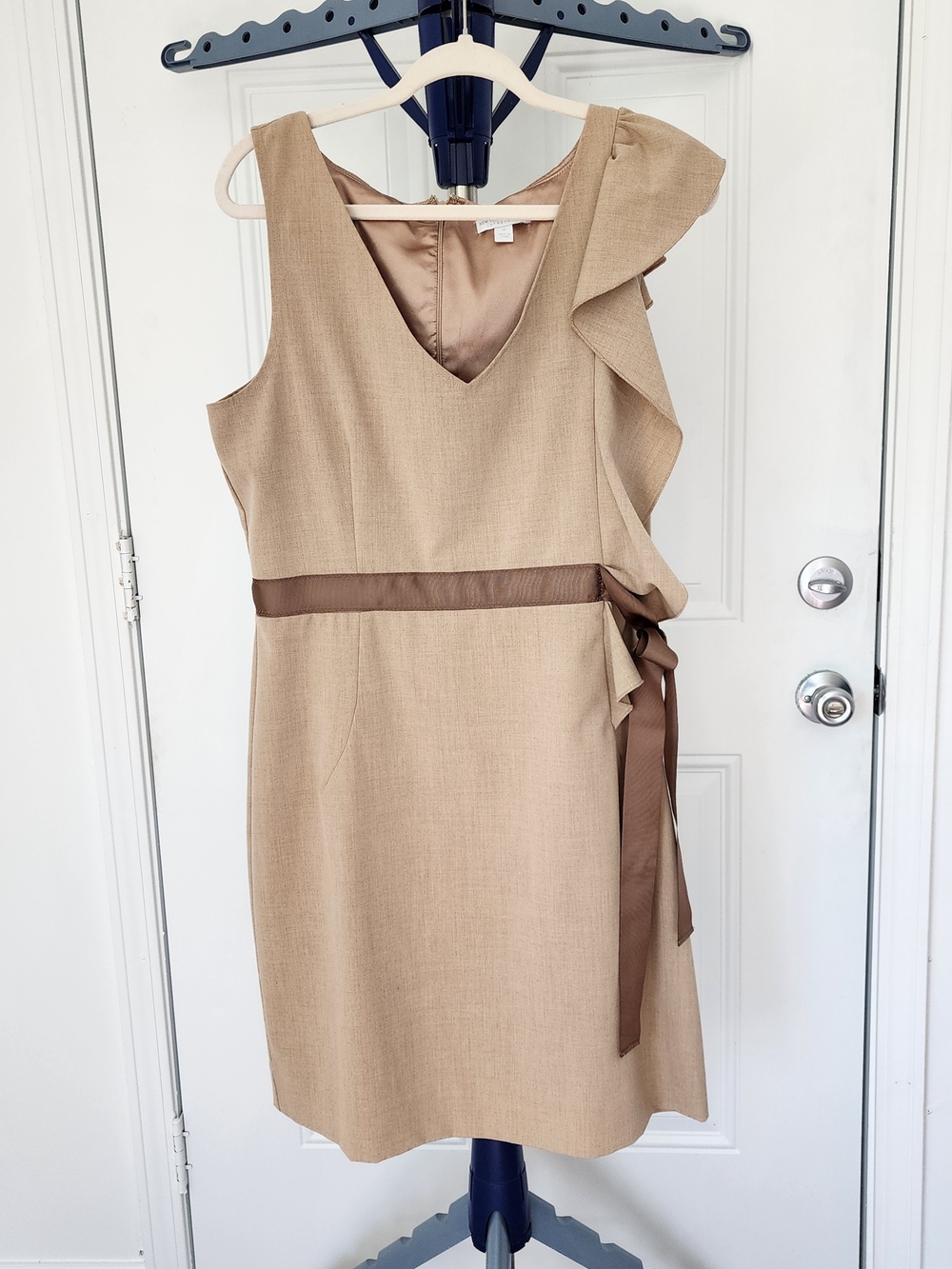 New York & Company Tan One-Shoulder Ruffle Dress with Brown Waist Tie